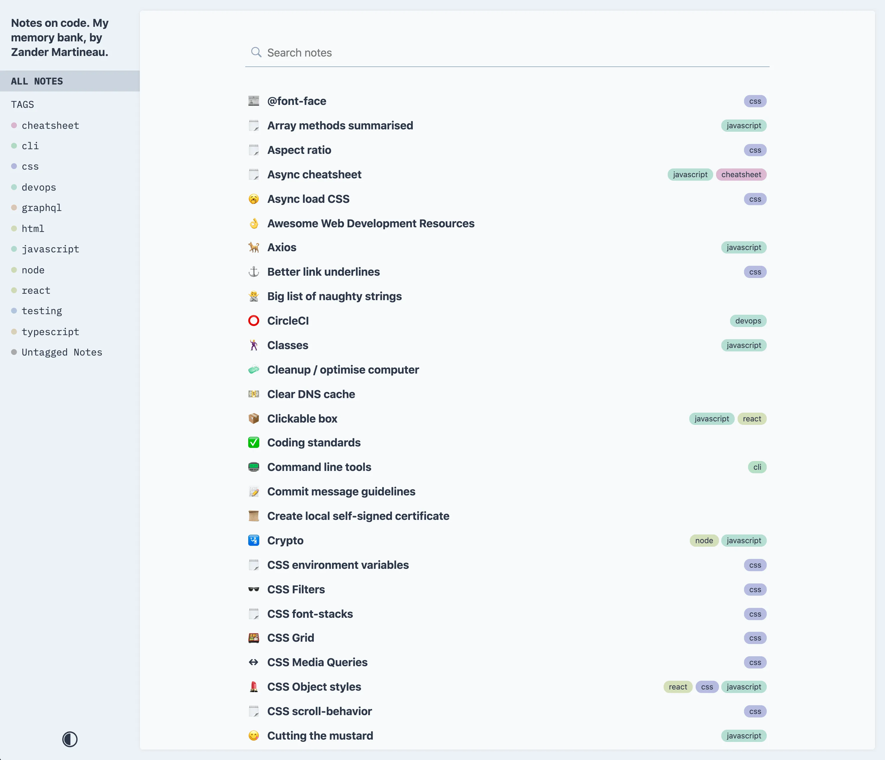 Screengrab of a notes listing view