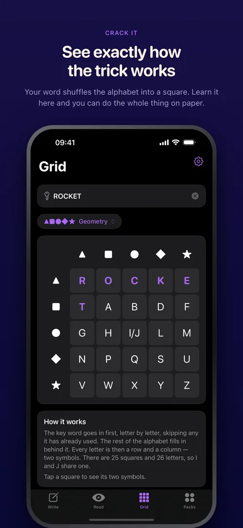 The Grid tab showing the five by five square built from your word