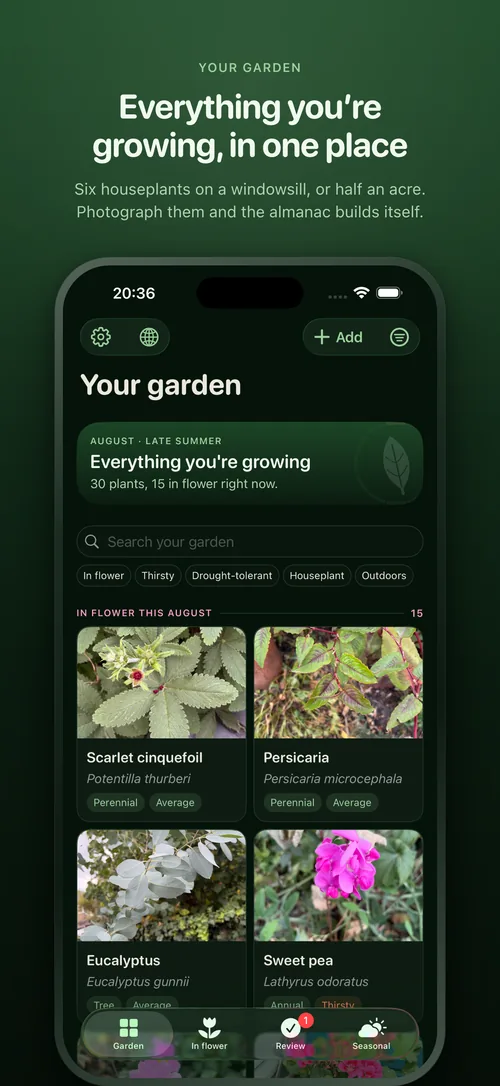 The garden view listing every plant in the collection
